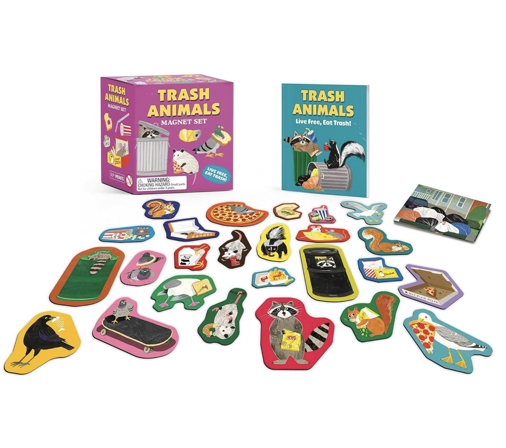 Set of magnets with pictures of raccoon, possums, sea gulls and other animals that love to dig through trash for a tasty meal. 