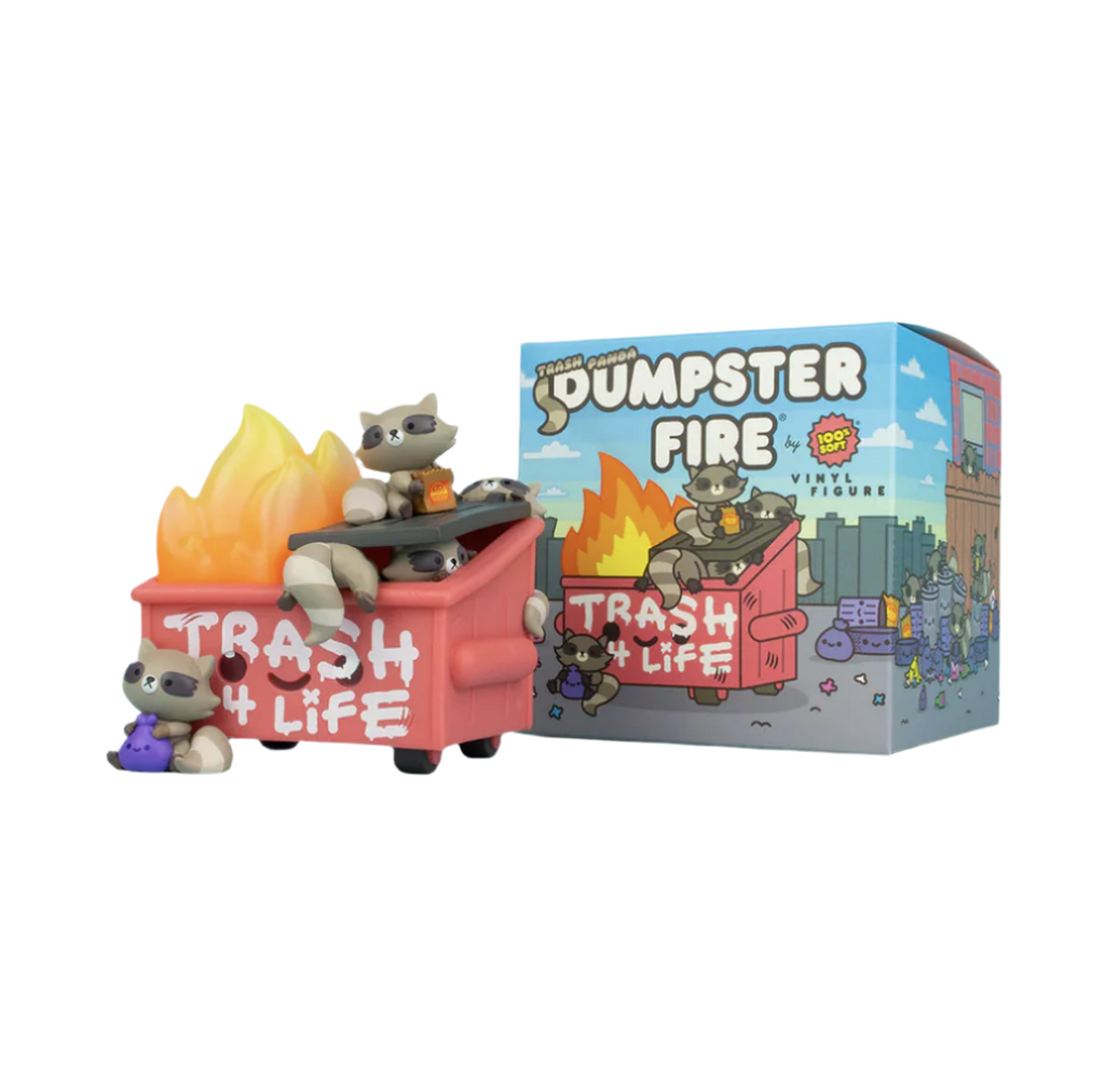 100% Soft Dumpster Fire Trash Panda version vinyl toy features a chunky happy faced red dumpster with 4 vinyl raccoons climbing in and out of it. 
