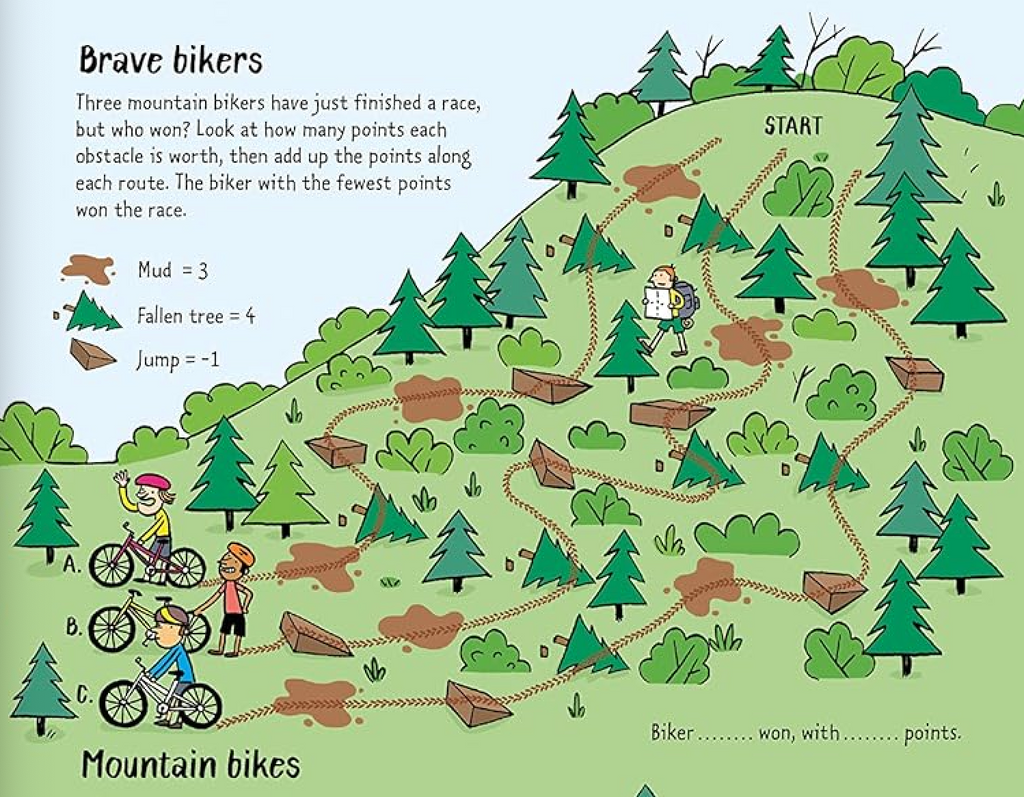 Interior page from the "Travel Activity Book" of an activity counting Mountain Bikers. 