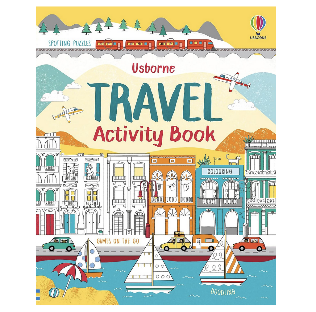 Cover of the "Travel Activity Book" with an illustration of a city by a river. 