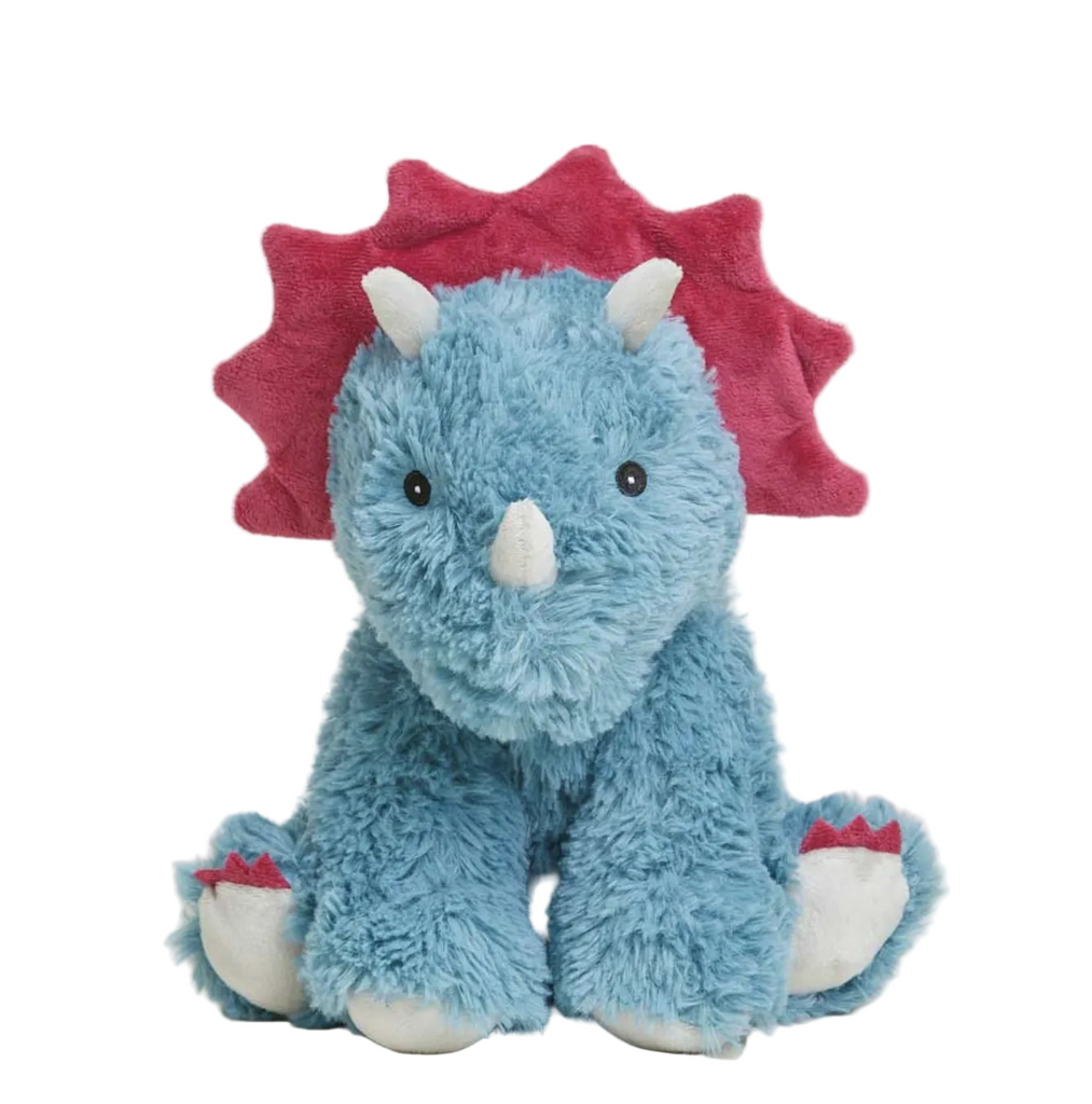 Super cute weighted plush Triceratops Warmies stuffed animal has blue fur, berry colored frill and white horns. In an upright seated position facing forward. 
