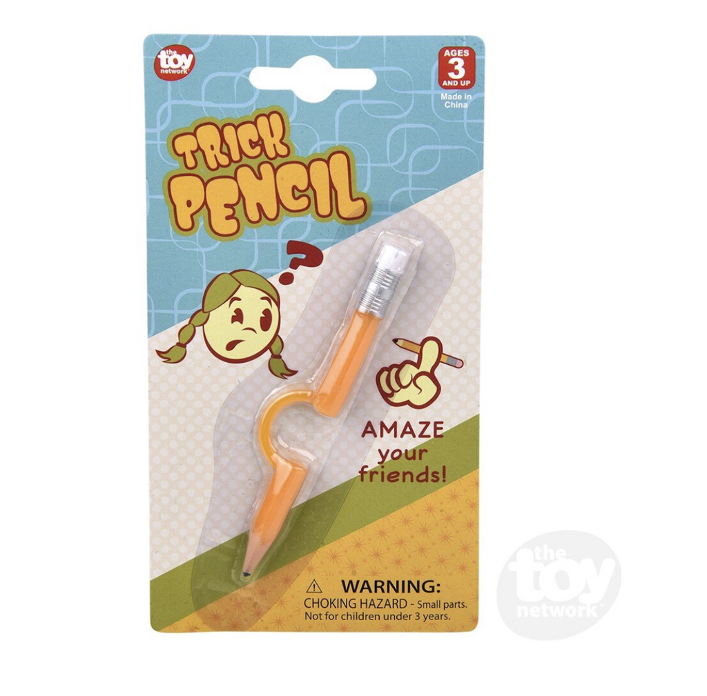 The Trick Pencil prank packaged on a blister card that clearly shows the pencil and how it would fit over your finger to amaze your friends. 