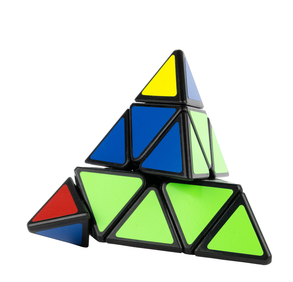 Triminx pyramid puzzle with colored triangular shaped pieces. 