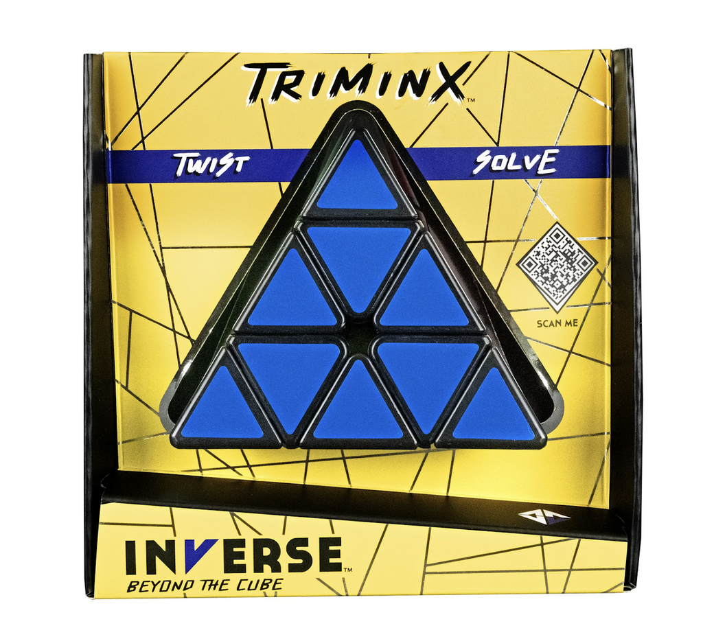 Triminx Puzzle, packaged in a yellow and black box that shows the pyramid shaped twisty puzzle. 