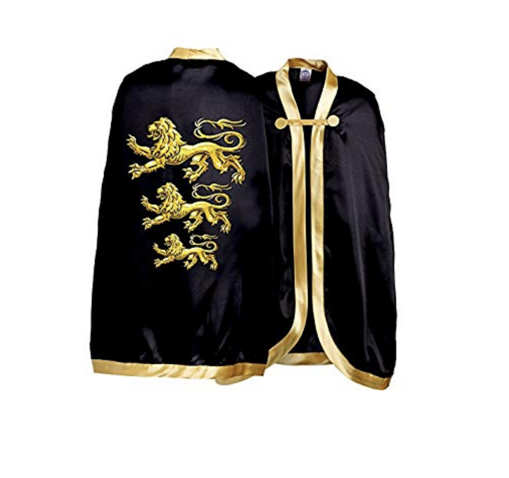 Dual view of the back and front of the Triple Lion King Cape. A black silk cape, trimmed in gold satin with the Triple Lion Crest on the back. 