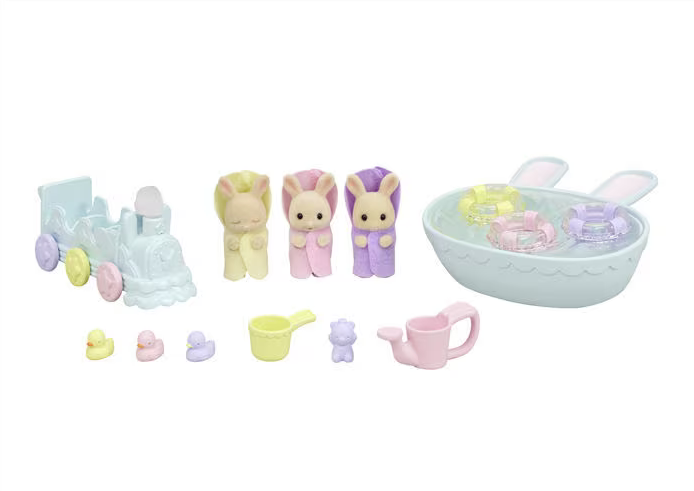 Items included in the Triplets Baby Bathtime Set. There's a blue wash tub, bath toys and a choo choo train pushcart,plush the triplets all wrapped in towels. 