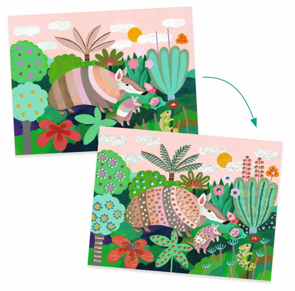 Before and after picture of an illustrated board included in the Tropical 3D Painting kit. 