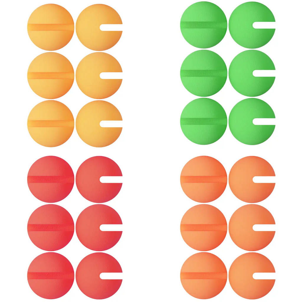 Four sets of six foam balls in yellow, green, red and orange. These soft eva foam balls are designed to work specifically with our Trouble Maker slingshots, with a slot cut out to easily load the ball into the slingshot. 