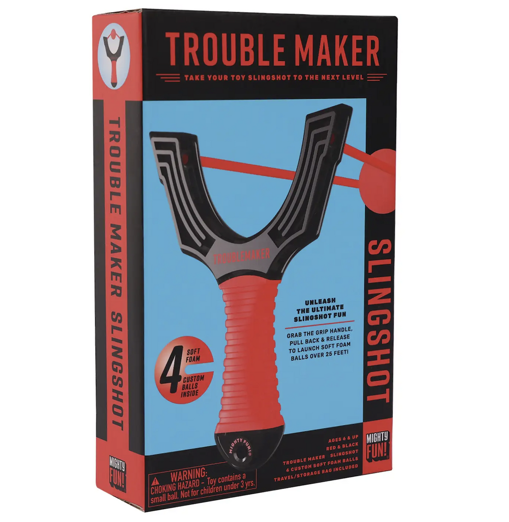 Black box with red lettering that reads Trouble Maker Slingshot and a picture of the slingshot with a red handle. 
