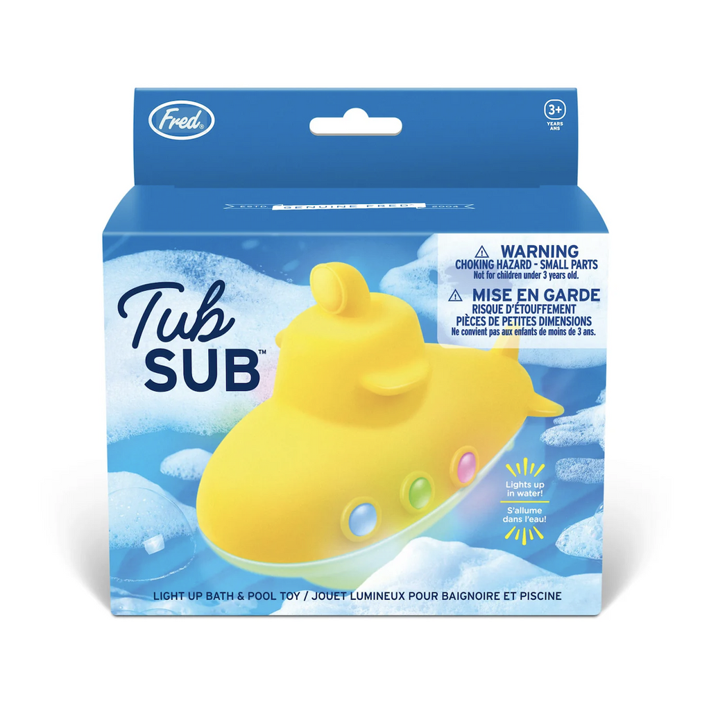 The Tub Sub box featuring a bath full of bubbles and suds with the Tub Sub floating along. 