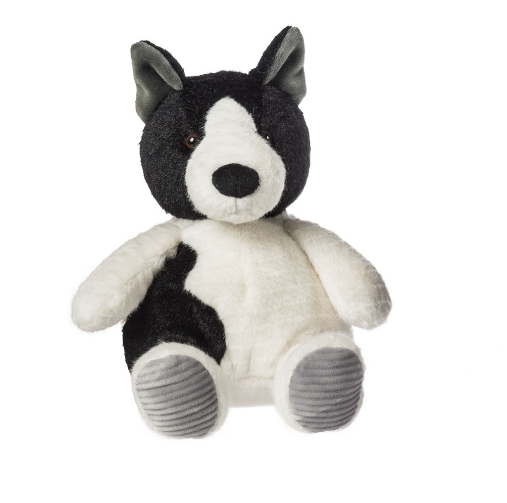 Black and white plush dog in a seated pose. Tuscon Hound has pointed ears and soft huggable body. 