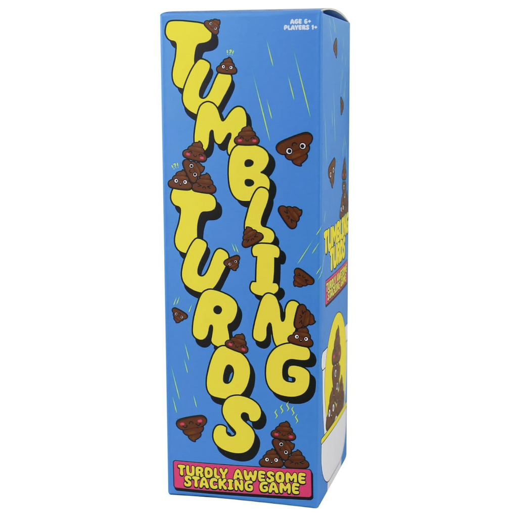 Tumbling Turds game box with a blue background and illustrations of the poop emoji game pieces on the front. 