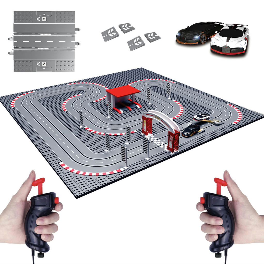 Turbo City slot track is designed with square panels that snap together to form he world's smallest Bugatti slot racing track along with 2 remotes with accelerator, turbo button, and speed control.