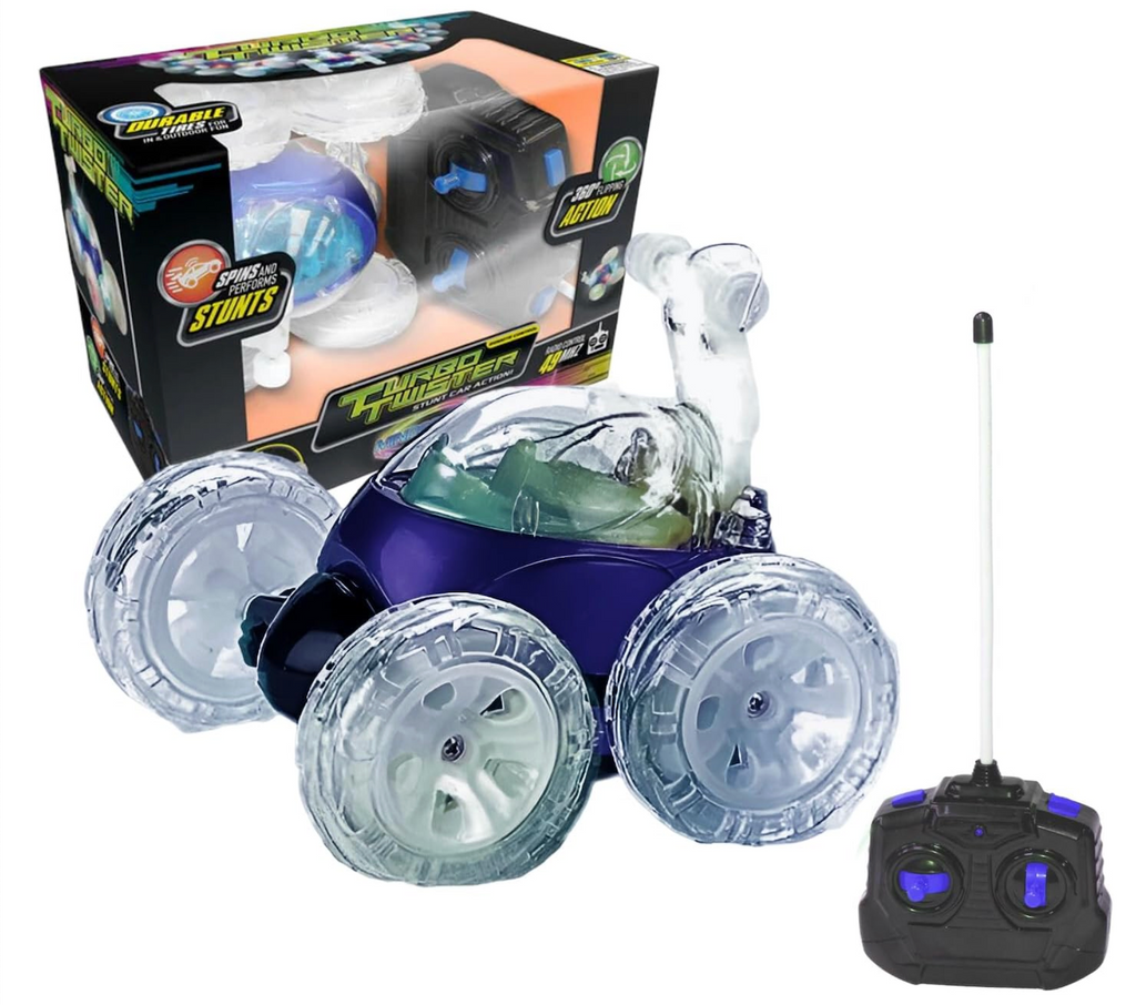 Turbo Twister toy vehicle with transparent wheels and blue body, remote control placed in front of the colorful  box it comes packaged in 