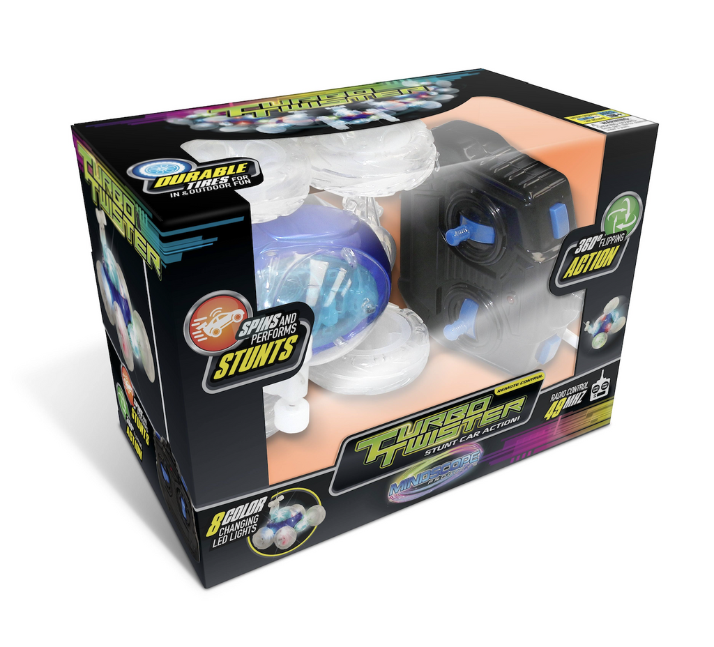 Colorful box with clear window that shows the the Turbo Twister RC Stunt Car and the handheld remote control. 