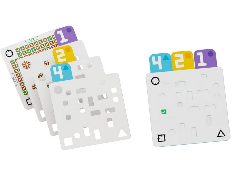 White cards with color coded numbers at the top, and each with different sequences of punched used to play the game. 