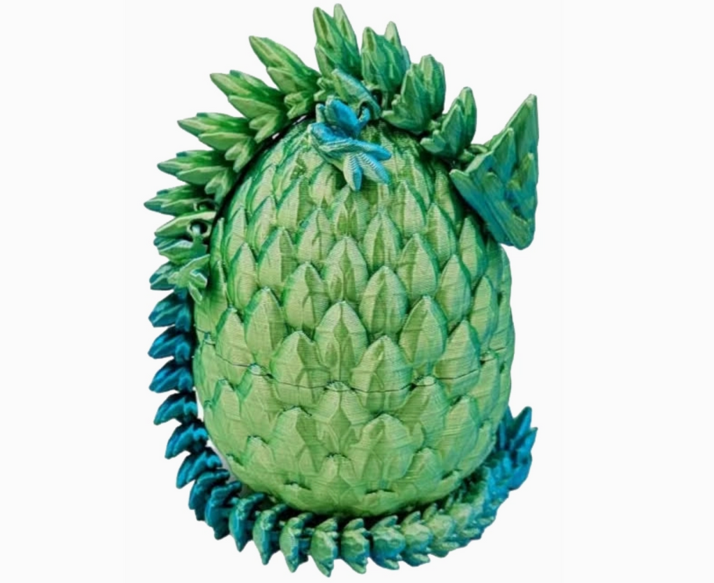 Twiddle Dragon Egg in green with scales covering the outside and the dragon is wrapped around it. 