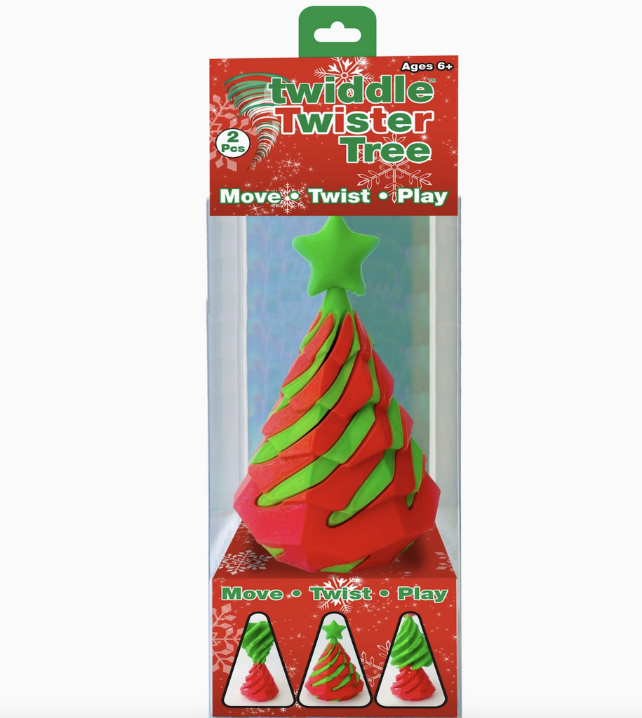 The red and green swirled twiddle twister Christmas tree fidget toy. Shaped like a tree with a star on top packaged in a clear plastic box. 