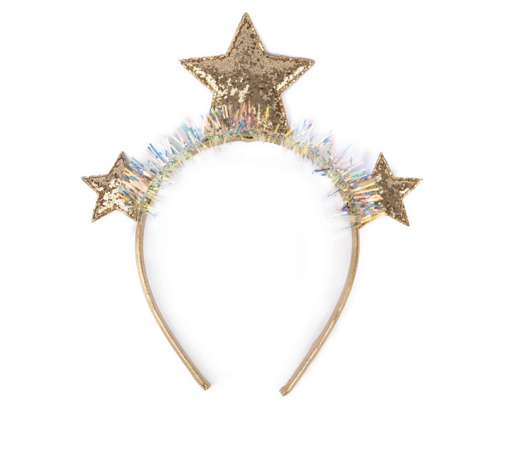 The Twinkle and Tinsel Star Headband featuring  three sparkly stars perched on top of a tinsel wrapped headband. 