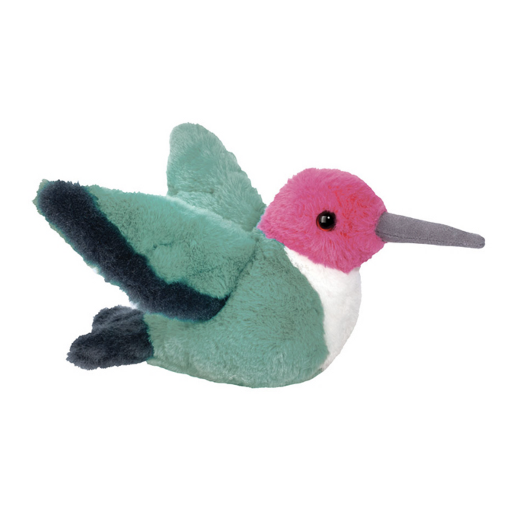 Plush hummingbird stuffed animal with beautiful pink head and green body and wings. 