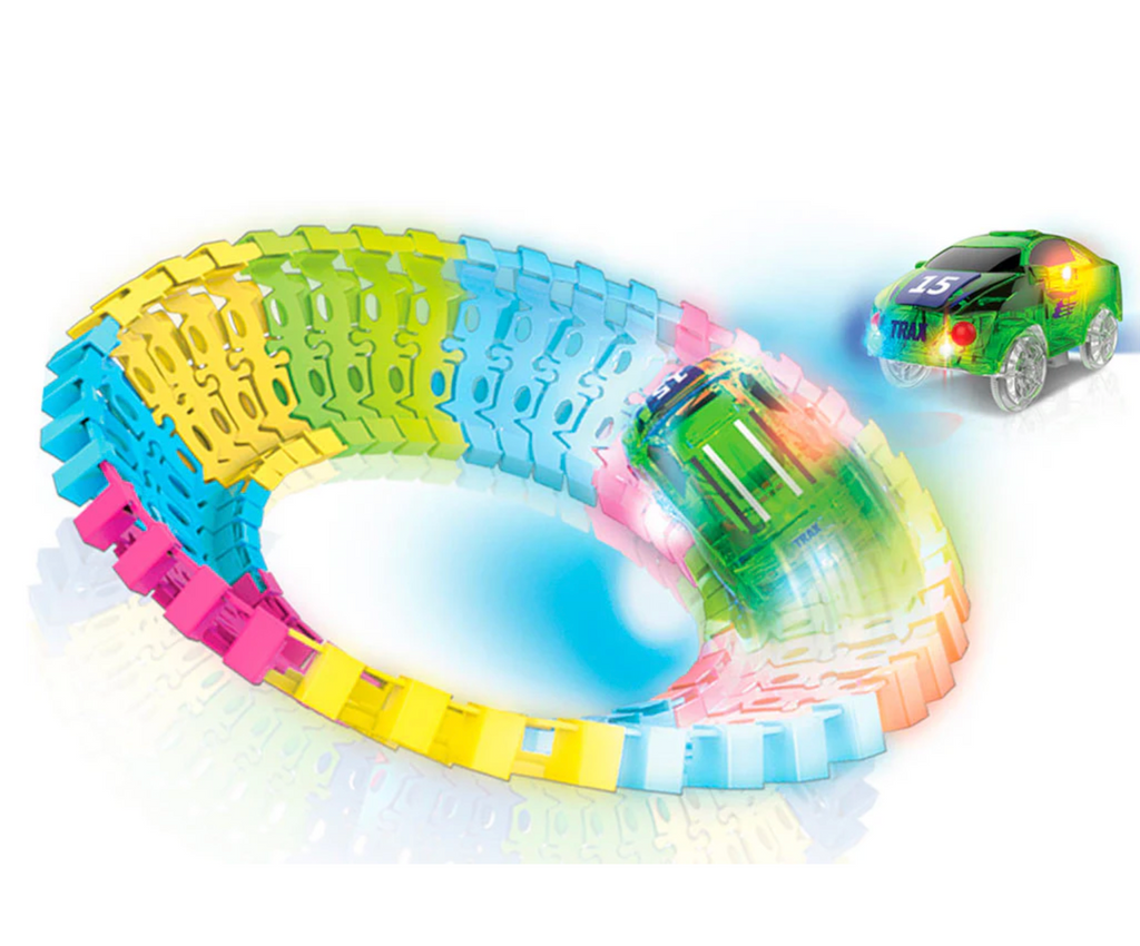 Neon twister track in a circular configuration with the green race car included in the set lit up and zooming around the track. 
