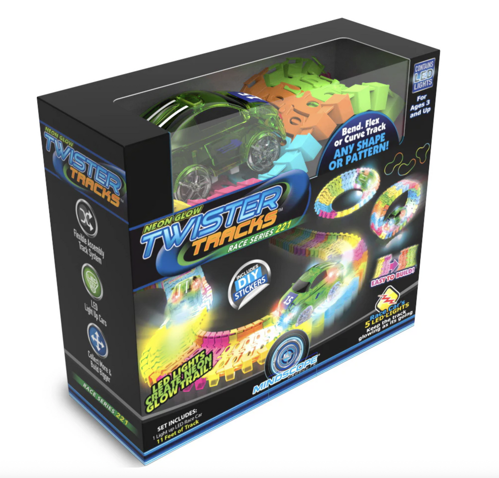 Black box with bright pictures of the Neon Glow Twister Tracks and LED Light Up race car in green. 