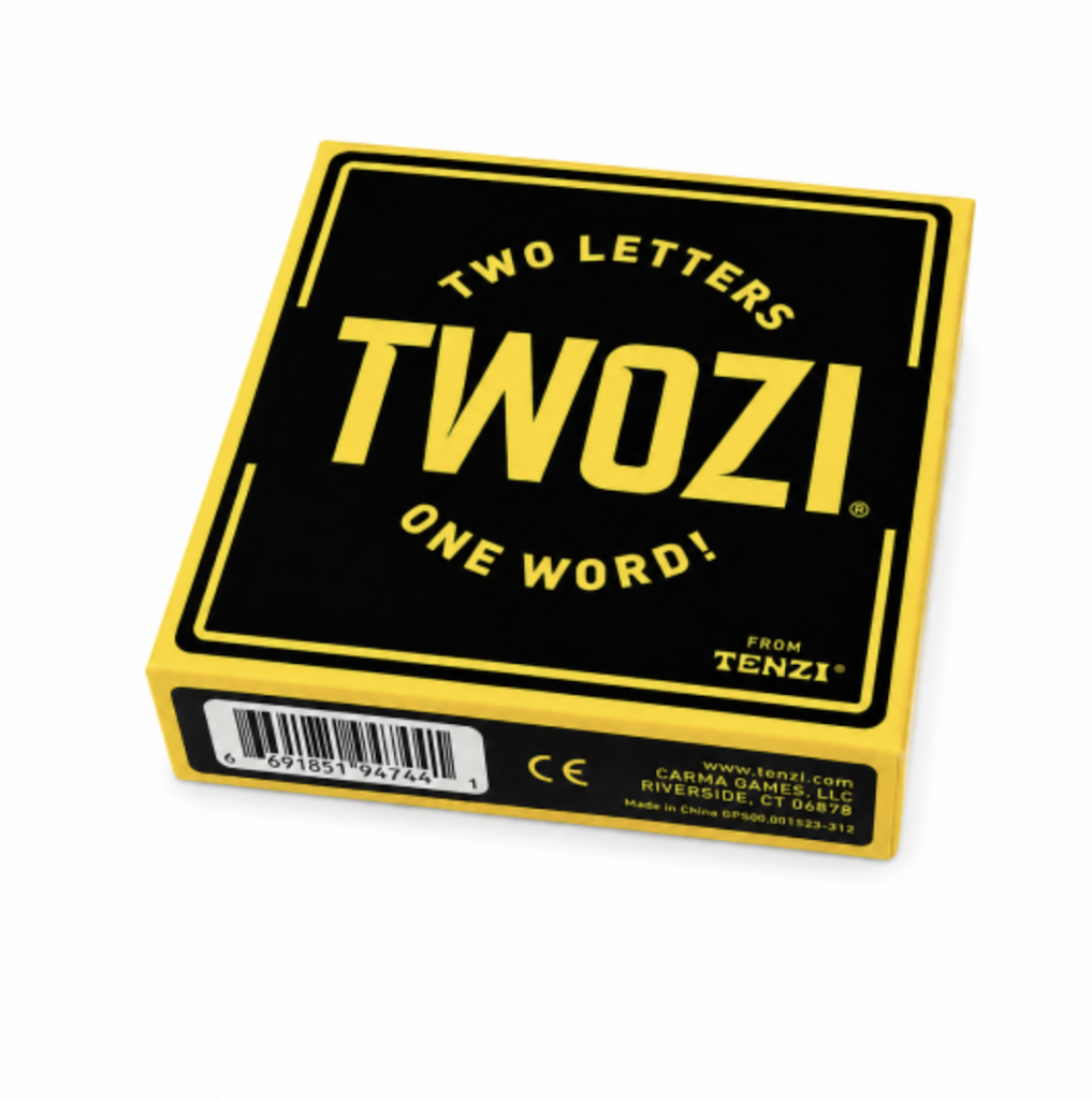 Black and yellow box for the game Twozi that reads, Twozi , Two Letters, One Word on the cover. 