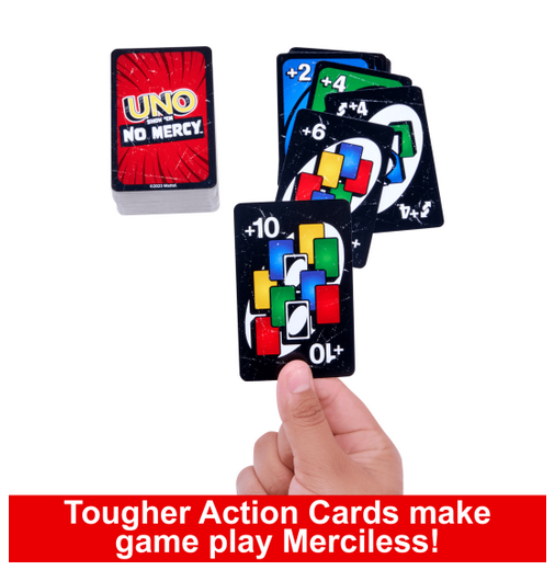 The Uno Show Em No Mercy deck with a discard pile and a hand holding the "Draw 10" card. At the bottom there is a blurb that reads "Tougher Action Cards make game play Merciless!"