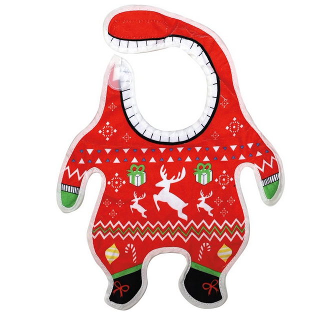 The Ugly Sweater Baby Bib with wrapped presents and reindeer on the front. 