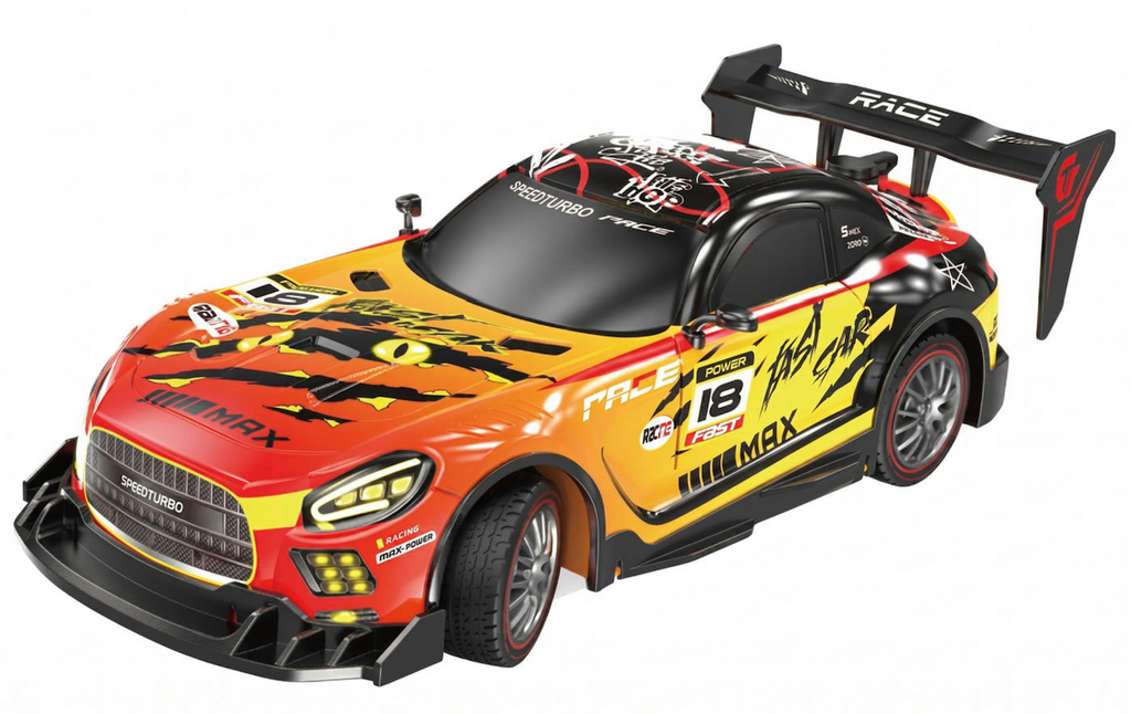 Red and yellow Ultimate Drift RC Race Car with a big spoiler on the back. 