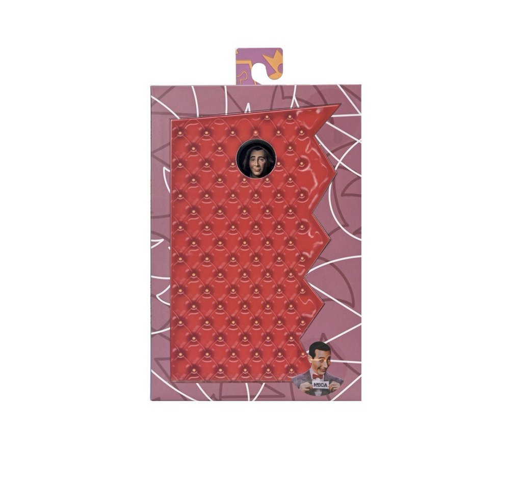 The Ultimate Pee Wee Herman Action Figure packaged in a box that looks like the re, cushioned, door to the playhouse with Pee Wee looking out the window. 