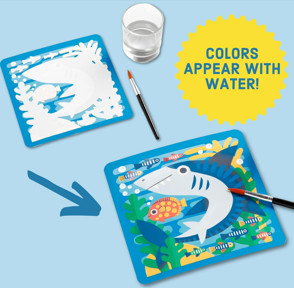 A before and after picture showing a blank board and another having been colored in using the included paint brush and a glass of water. 