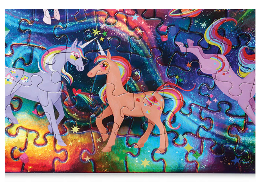 Unicorn Galaxy 100 piece puzzle with purple and pink unicorns with rainbow manes and tails on a colorful background. 