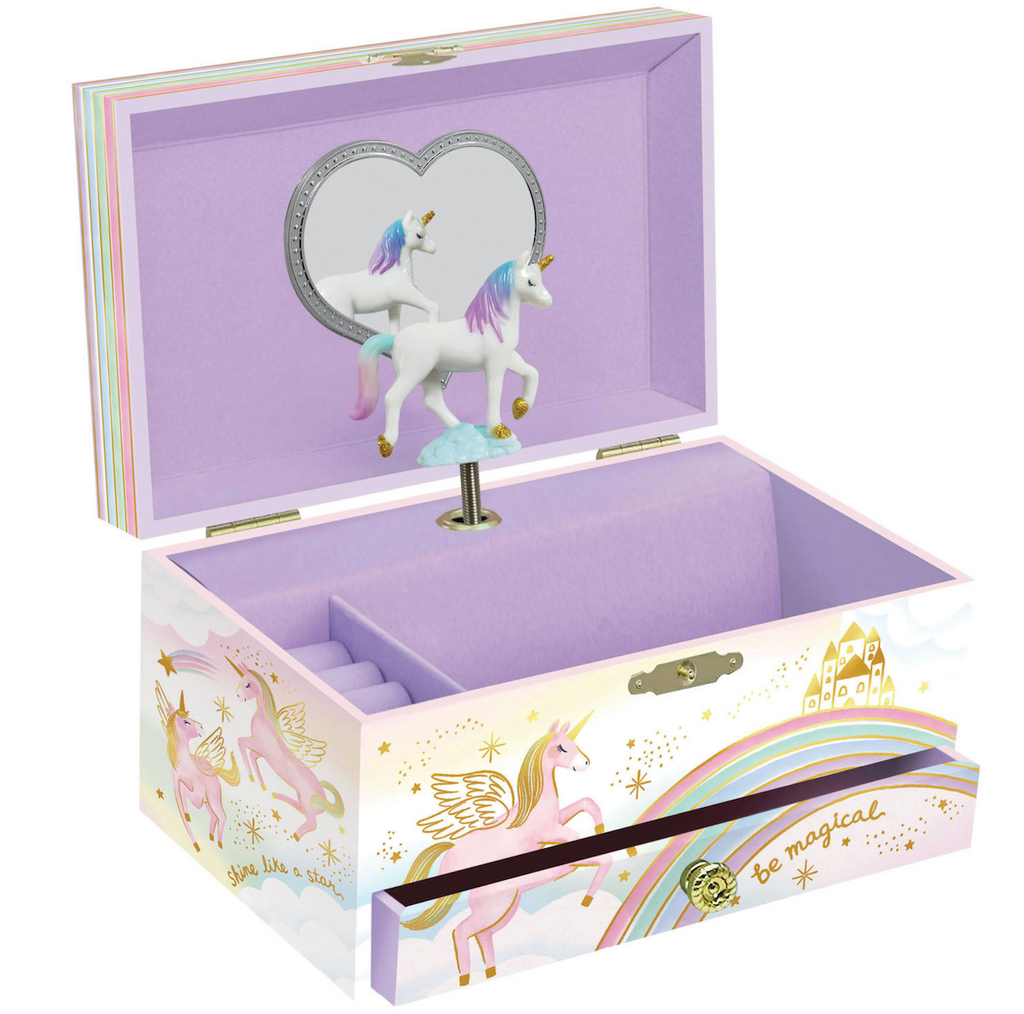 The Unicorn Musical Jewelry box opened to show a purple interior with a white unicorn with rainbow mane and tail above the space that holds rings, bracelets and other special treasures. 