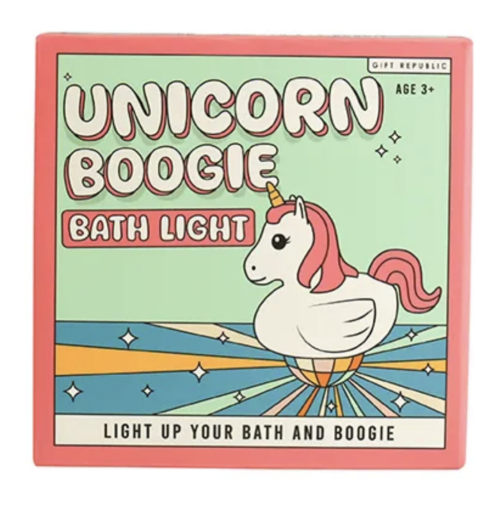 Colorful box for the Unicorn Boogie Bath Light with a playful illustration of the the bath toy shaped like a unicorn floating on the surface of water with the disco bath light submerged and projecting colored lights all around. 
