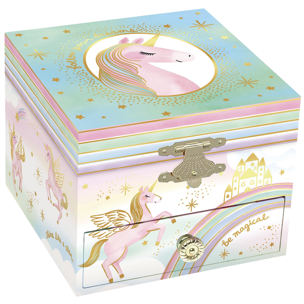 Kids jewelry box decorated with illustrations of pink unicorns with golden wings and horns. 