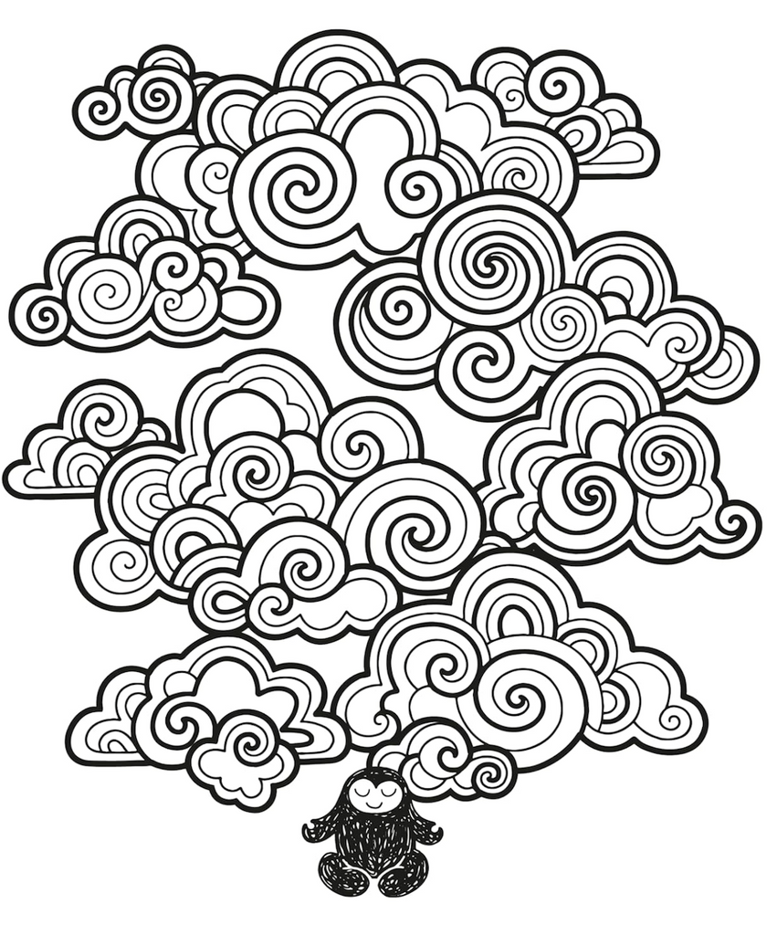 Interior page from the Unworry Magic Painting Book of black and white illustration of the unworry character sitting quietly under swirling clouds. Just add water to reveal the magic colors. 