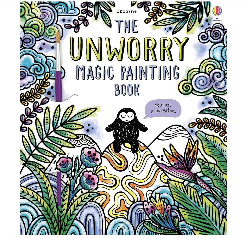 Illustrated cover of The Unworry Magic Painting Book with a colorful page of flowers, plants and swirls with the main unworry character peacefully sitting amongst it all. 