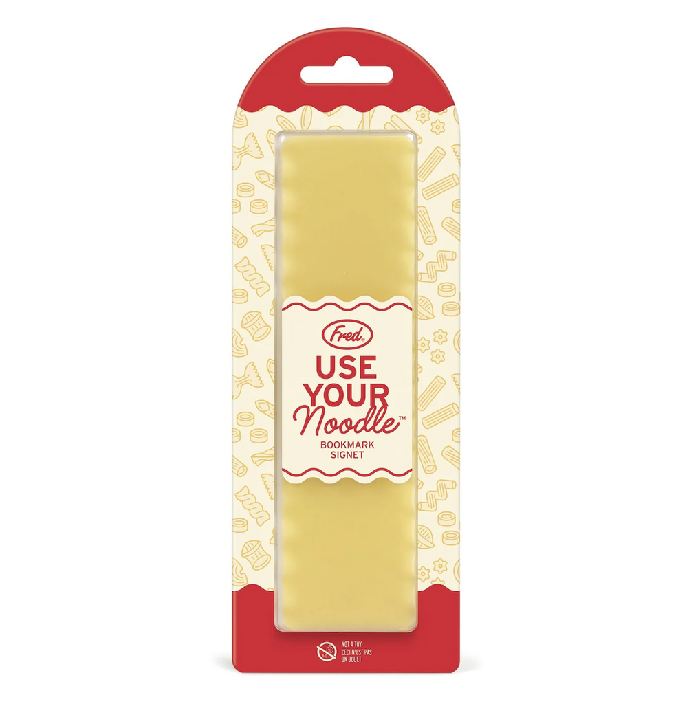 Use Your Noodle lasagna shaped noodle bookmark in a clear package with illustrations of different types of pasta noodles all over the front. 
