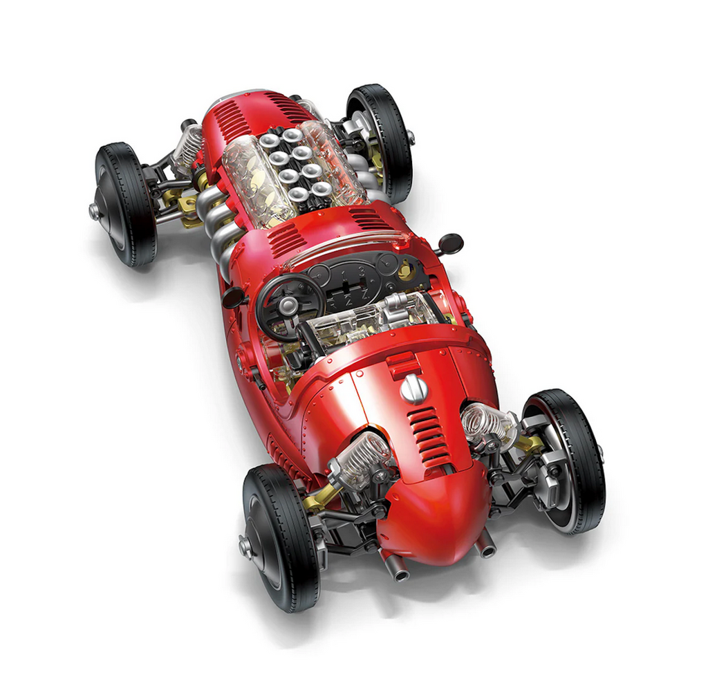 Vintage model race car built with the V8 Race Car kit featuring a see through engine and other mechanical engineering concepts like gears and engines touched on throughout the build. 