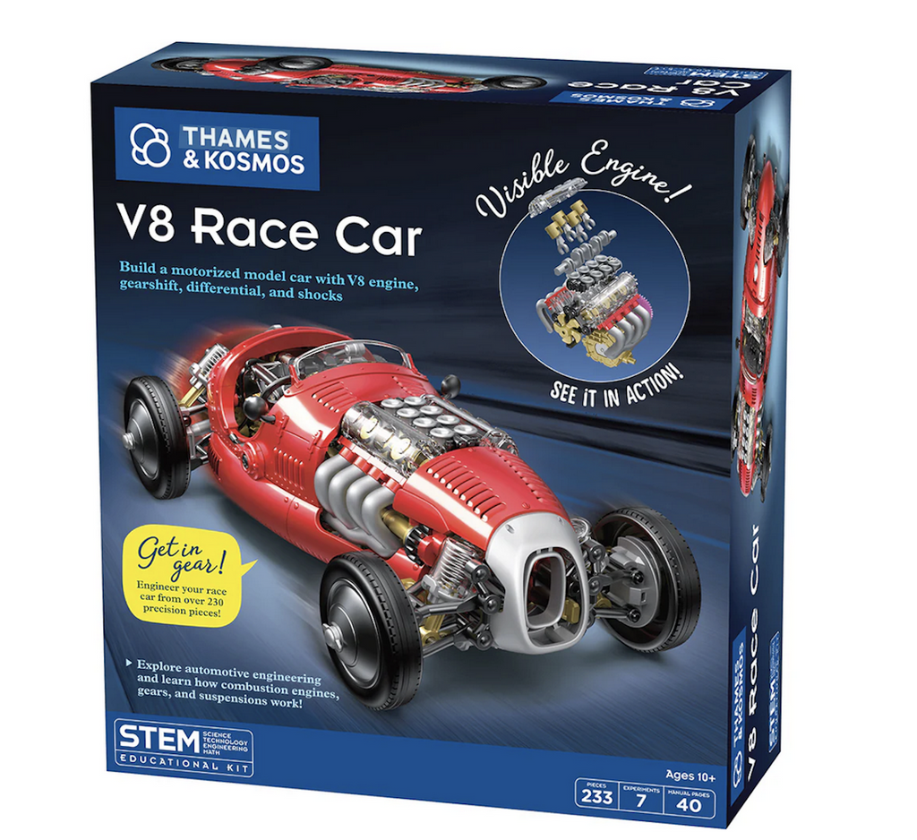 Dark blue box for the V8 Race Car featuring a picture of the completed model car with a visible engine that you can see in action while the car is running. 