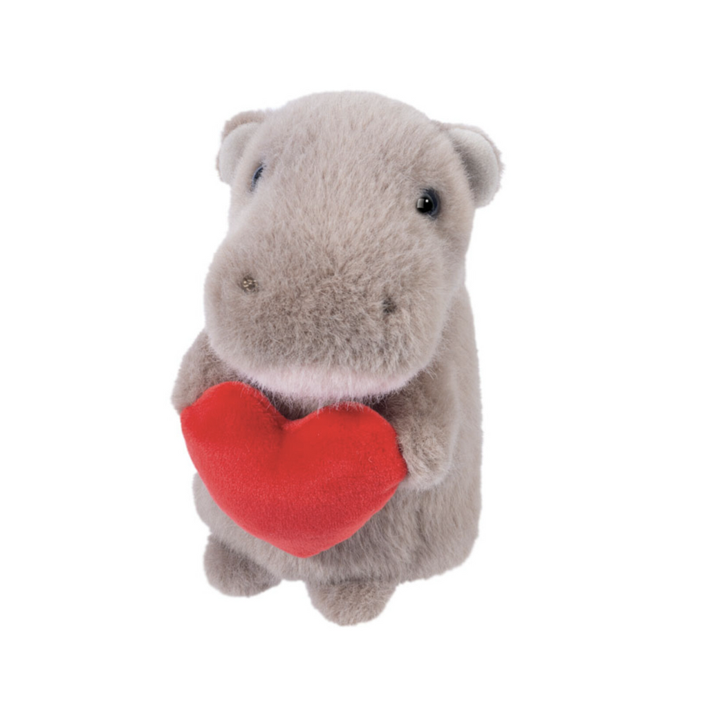 Plush grey Hippo holding a red heart, in a seated position. 