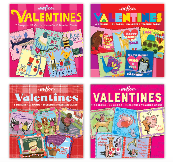 All four styles of the Valentines Assortment each with adorable illustrations of animals. 