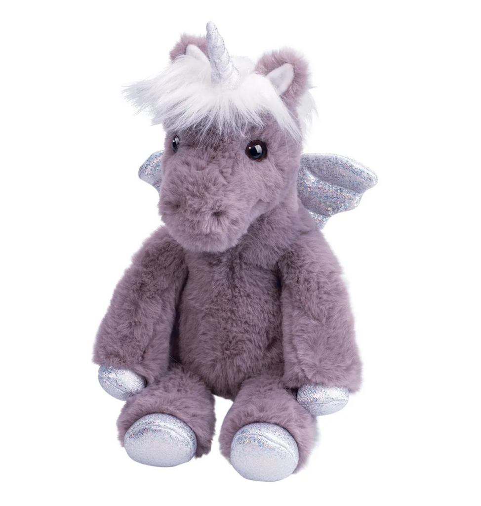 Beautiful purple plush unicorn with sparkly silver wings and horn. 