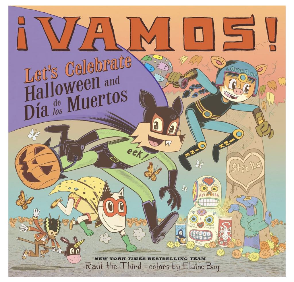 Illustrated cover of "Vamos! Let's Celebrate Halloween and Dia de los Muertos" with characters dressed in costumes on the way to trick or treat. 