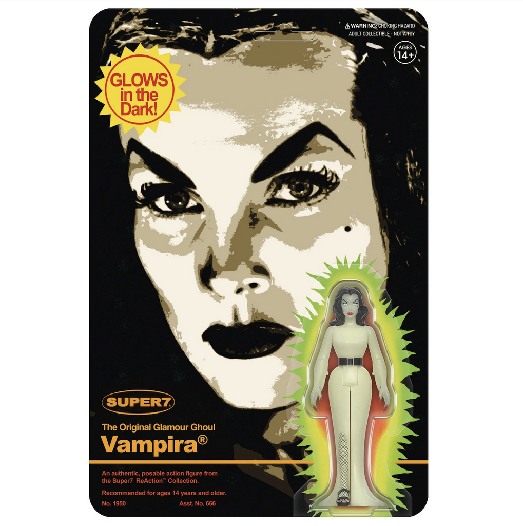 Vampira Monster Glow ReAction Glow in the Dark Figure packaged on a backing card with a black and white image of the glamorous horror host. 