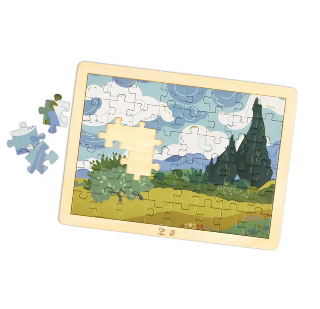 Wooden framed puzzle depicting Cypresses from Van Gogh. 