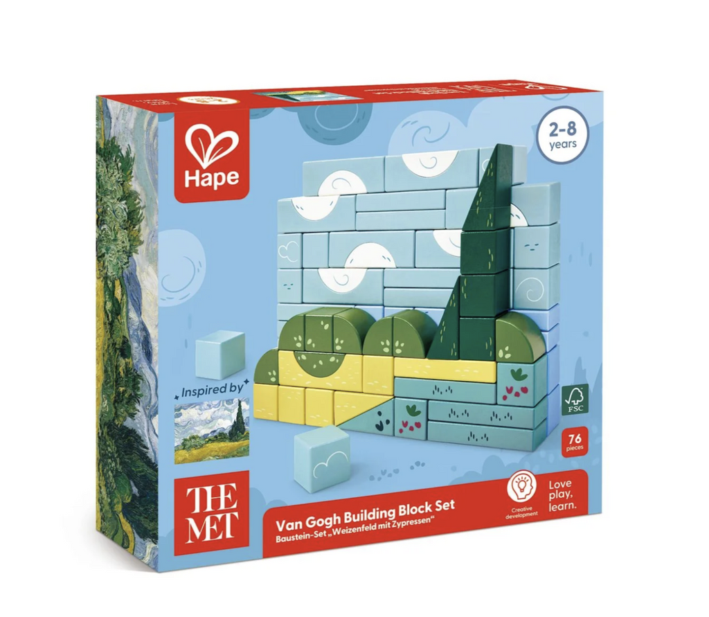 The Van Gogh Building Block Set packaged in a box that is beautifully illustrated with glimpses of the art as well as picture of the painted blocks on the cover. 