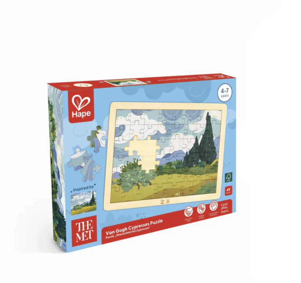 Van Gogh Cypresses Puzzle in a box with an illustration of the puzzle a few pieces shy of complete. 