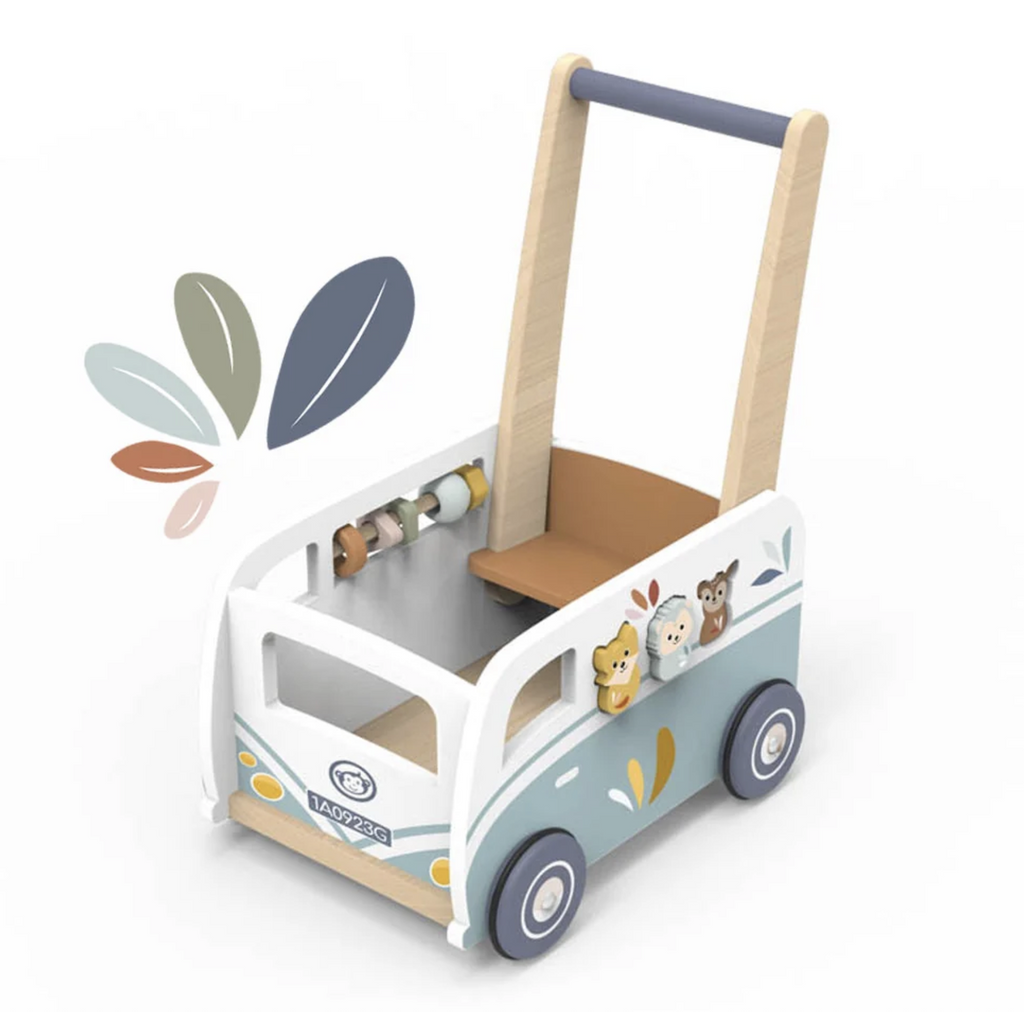 Wooden Walker toy shaped like a van with sliding beads, animals shapes and other activities for your toddler as they grow confident through play. 